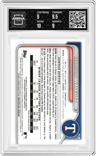 Sebastian Walcott from the 2024 Bowman set graded by Arena Club and given an overall grade of 9.5.