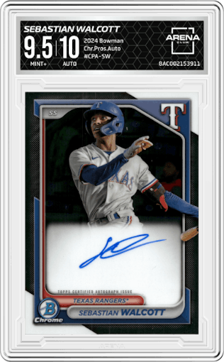 Sebastian Walcott from the 2024 Bowman set graded by Arena Club and given an overall grade of 9.5.