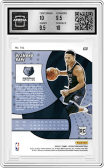 Desmond Bane from the 2020-21 Panini Revolution set featuring a Asia Silver Holo parallel graded by Arena Club and given an overall grade of 10.