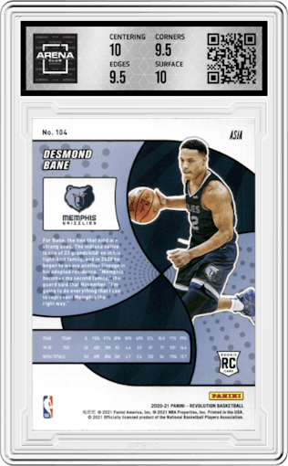Desmond Bane from the 2020-21 Panini Revolution set featuring a Asia Silver Holo parallel graded by Arena Club and given an overall grade of 10.