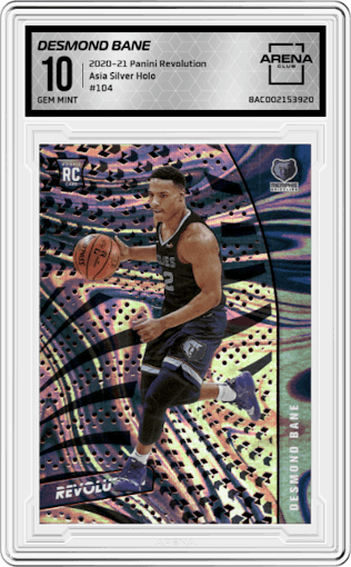 Desmond Bane from the 2020-21 Panini Revolution set featuring a Asia Silver Holo parallel graded by Arena Club and given an overall grade of 10.