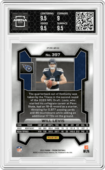 Will Levis from the 2023 Panini Prizm set featuring a Silver Prizm parallel graded by Arena Club and given an overall grade of 9.5.
