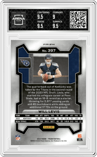 Will Levis from the 2023 Panini Prizm set featuring a Silver Prizm parallel graded by Arena Club and given an overall grade of 9.5.