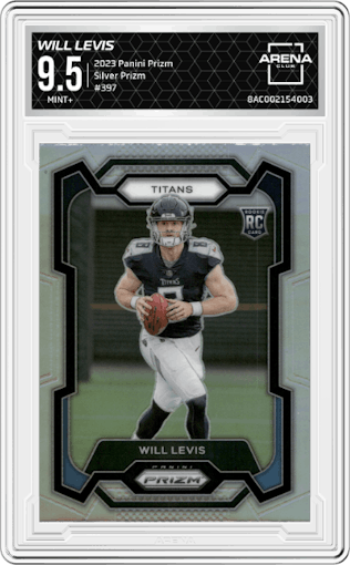 Will Levis from the 2023 Panini Prizm set featuring a Silver Prizm parallel graded by Arena Club and given an overall grade of 9.5.