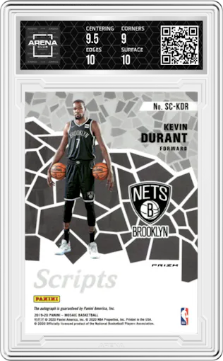 Kevin Durant from the 2019-20 Panini Mosaic  set featuring a Red Wave parallel graded by Arena Club and given an overall grade of 9.5.