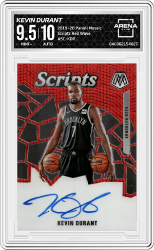 Kevin Durant from the 2019-20 Panini Mosaic  set featuring a Red Wave parallel graded by Arena Club and given an overall grade of 9.5.
