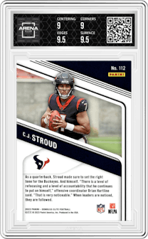 C.J. Stroud from the 2023 Panini Donruss Elite set featuring a Aspirations Shimmer parallel graded by Arena Club and given an overall grade of 9.5.