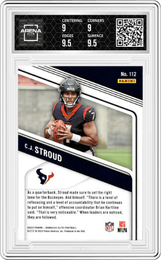C.J. Stroud from the 2023 Panini Donruss Elite set featuring a Aspirations Shimmer parallel graded by Arena Club and given an overall grade of 9.5.