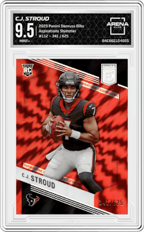 C.J. Stroud from the 2023 Panini Donruss Elite set featuring a Aspirations Shimmer parallel graded by Arena Club and given an overall grade of 9.5.