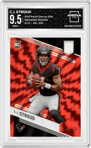 C.J. Stroud from the 2023 Panini Donruss Elite set featuring a Aspirations Shimmer parallel graded by Arena Club and given an overall grade of 9.5.