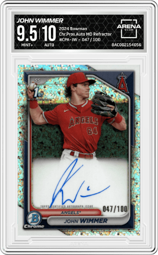 John Wimmer from the 2024 Bowman set featuring a Mini-Diamond Refractor parallel graded by Arena Club and given an overall grade of 9.5.