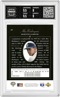 Alex Rodriguez from the 1994 Upper Deck SP set featuring a Foil parallel graded by Arena Club and given an overall grade of 8.5.