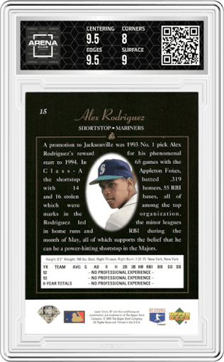 Alex Rodriguez from the 1994 Upper Deck SP set featuring a Foil parallel graded by Arena Club and given an overall grade of 8.5.