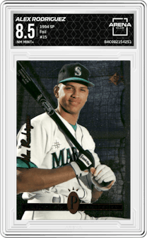 Alex Rodriguez from the 1994 Upper Deck SP set featuring a Foil parallel graded by Arena Club and given an overall grade of 8.5.