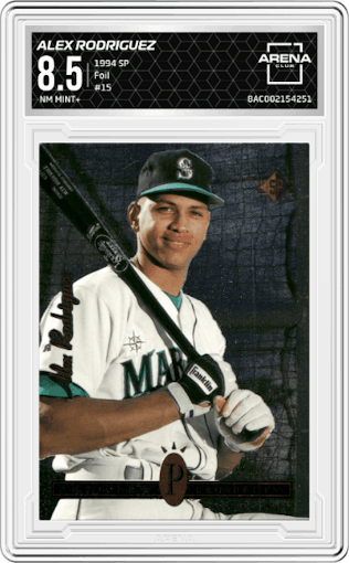 Alex Rodriguez from the 1994 Upper Deck SP set featuring a Foil parallel graded by Arena Club and given an overall grade of 8.5.