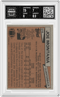 Joe Montana from the 1981 Topps  set graded by Arena Club and given an overall grade of 7.5.