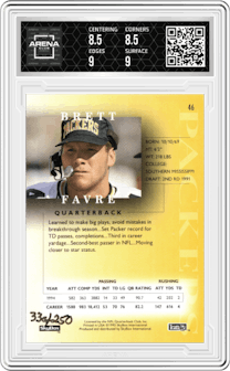 Brett Favre from the 1995 Skybox Premium set graded by Arena Club and given an overall grade of 9.