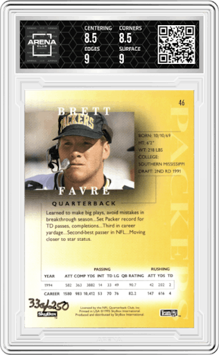 Brett Favre from the 1995 Skybox Premium set graded by Arena Club and given an overall grade of 9.
