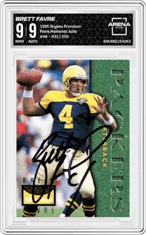 Brett Favre from the 1995 Skybox Premium set graded by Arena Club and given an overall grade of 9.