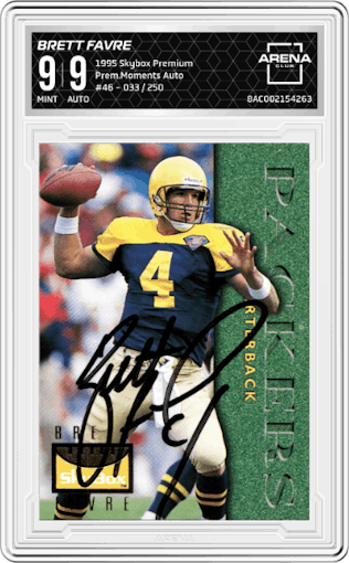 Brett Favre from the 1995 Skybox Premium set graded by Arena Club and given an overall grade of 9.