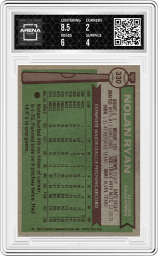 Nolan Ryan from the 1976 Topps set graded by Arena Club and given an overall grade of 2.5.