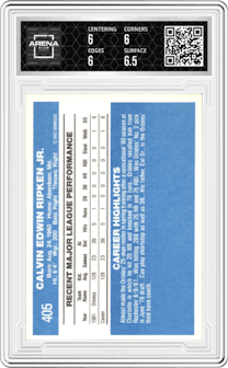 Cal Ripken Jr. from the 1982 Donruss set graded by Arena Club and given an overall grade of 6.
