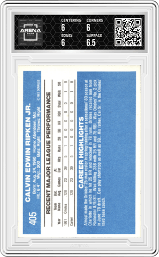 Cal Ripken Jr. from the 1982 Donruss set graded by Arena Club and given an overall grade of 6.