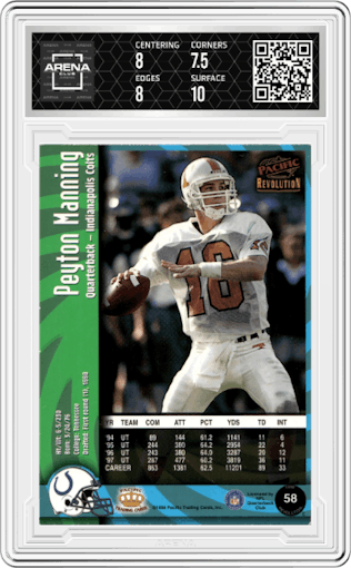 Peyton Manning from the 1998 Pacific Revolution set graded by Arena Club and given an overall grade of 8.