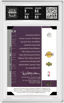 Dennis Rodman from the 1998-99 SP Authentic set featuring a Silver parallel graded by Arena Club and given an overall grade of 9.