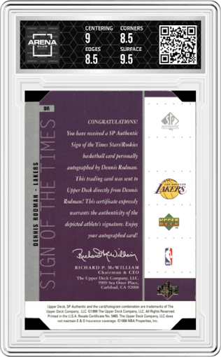 Dennis Rodman from the 1998-99 SP Authentic set featuring a Silver parallel graded by Arena Club and given an overall grade of 9.