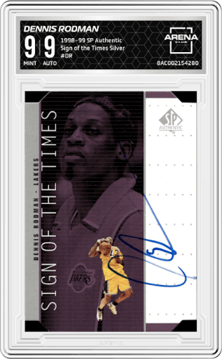 Dennis Rodman from the 1998-99 SP Authentic set featuring a Silver parallel graded by Arena Club and given an overall grade of 9.