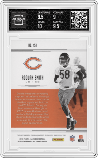 Roquan Smith from the 2018 Panini Illusions set featuring a Blue parallel graded by Arena Club and given an overall grade of 9.5.