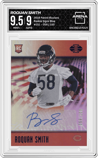Roquan Smith from the 2018 Panini Illusions set featuring a Blue parallel graded by Arena Club and given an overall grade of 9.5.