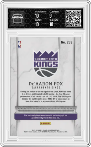De'Aaron Fox from the 2017-18 Panini Crown Royale set graded by Arena Club and given an overall grade of 9.5.