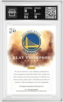 Klay Thompson from the 2012-13 Panini Brilliance set graded by Arena Club and given an overall grade of 9.5.