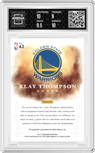 Klay Thompson from the 2012-13 Panini Brilliance set graded by Arena Club and given an overall grade of 9.5.