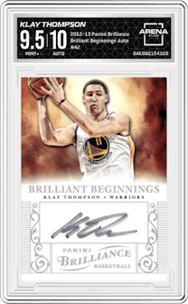 Klay Thompson from the 2012-13 Panini Brilliance set graded by Arena Club and given an overall grade of 9.5.