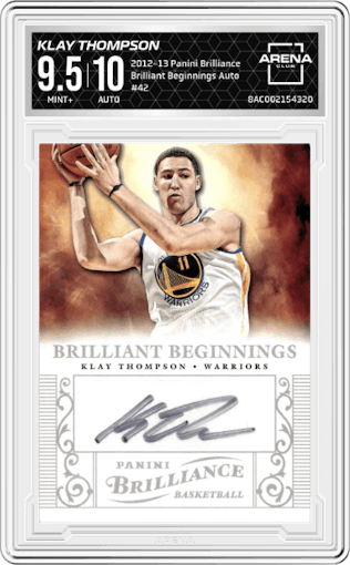 Klay Thompson from the 2012-13 Panini Brilliance set graded by Arena Club and given an overall grade of 9.5.