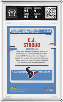 C.J. Stroud from the 2023 Donruss Optic set featuring a Holo parallel graded by Arena Club and given an overall grade of 9.5.
