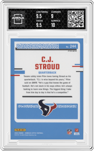 C.J. Stroud from the 2023 Donruss Optic set featuring a Holo parallel graded by Arena Club and given an overall grade of 9.5.