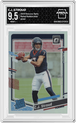 C.J. Stroud from the 2023 Donruss Optic set featuring a Holo parallel graded by Arena Club and given an overall grade of 9.5.