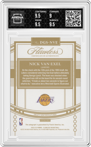 Nick Van Exel from the 2022-23 Panini Flawless set featuring a Ruby parallel graded by Arena Club and given an overall grade of 9.5.