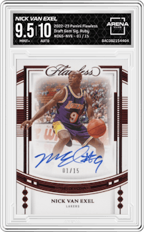 Nick Van Exel from the 2022-23 Panini Flawless set featuring a Ruby parallel graded by Arena Club and given an overall grade of 9.5.