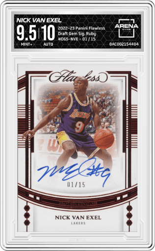 Nick Van Exel from the 2022-23 Panini Flawless set featuring a Ruby parallel graded by Arena Club and given an overall grade of 9.5.