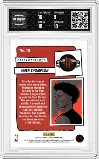 Amen Thompson from the 2023-24 Panini NBA Hoops set graded by Arena Club and given an overall grade of 9.5.
