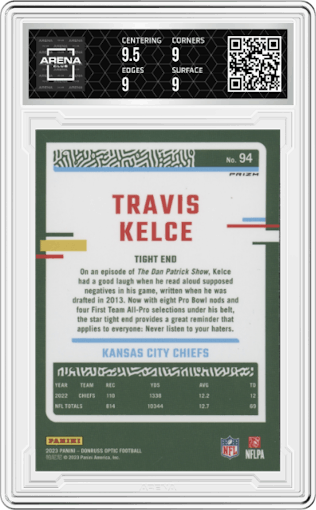 Travis Kelce from the 2023 Donruss Optic set featuring a Rocket parallel graded by Arena Club and given an overall grade of 9.