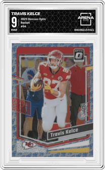 Travis Kelce from the 2023 Donruss Optic set featuring a Rocket parallel graded by Arena Club and given an overall grade of 9.