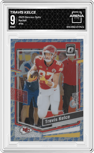 Travis Kelce from the 2023 Donruss Optic set featuring a Rocket parallel graded by Arena Club and given an overall grade of 9.