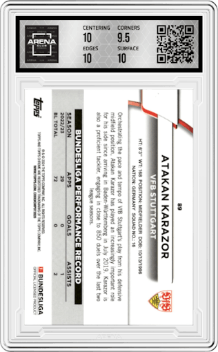 Atakan Karazor from the 2023-24 Topps Chrome Sapphire Bundesliga set featuring a Gold parallel graded by Arena Club and given an overall grade of 10.