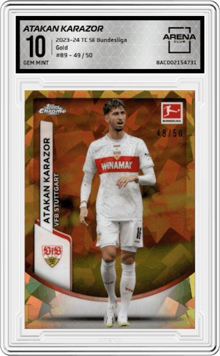 Atakan Karazor from the 2023-24 Topps Chrome Sapphire Bundesliga set featuring a Gold parallel graded by Arena Club and given an overall grade of 10.